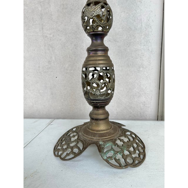 Chinese 1970s Solid Brass Openwork Floor Pricket Candlestick For Sale - Image 3 of 6