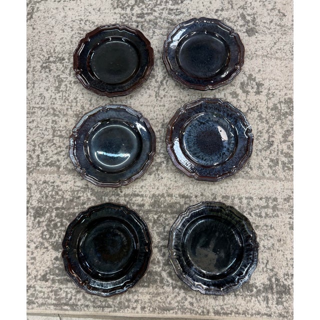 Set of 6 Antique French Dieulefit Pottery Plate W/Reactive Glaze & Fluted Rim For Sale - Image 4 of 6
