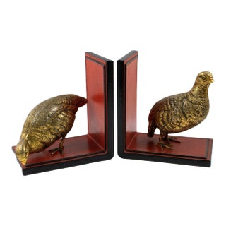 Gucci Italy Hand-Stitched Red Leather Bookends with Gilt Metal Partridges, 1970s - A Pair For Sale