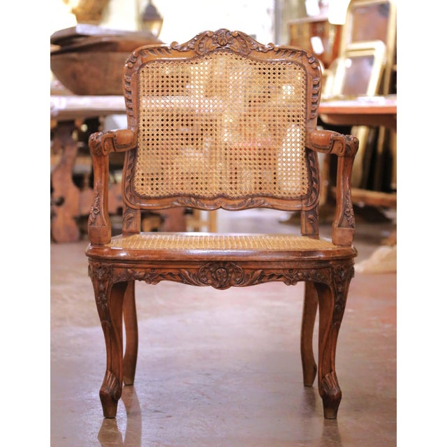 Pair Mid-Century French Louis XV Style Walnut Caned and Leather Desk Armchairs For Sale In Dallas - Image 6 of 13