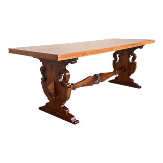 20th Century Spanish Baroque Carved Walnut Lyre Legs Trestle Dining Farm Table For Sale