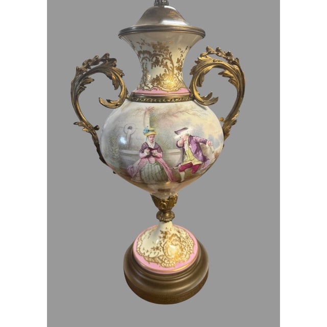 Early 20th Century Antique French Sevres Style Porcelain Table Lamp Hand Painted Signed Marius For Sale - Image 5 of 11