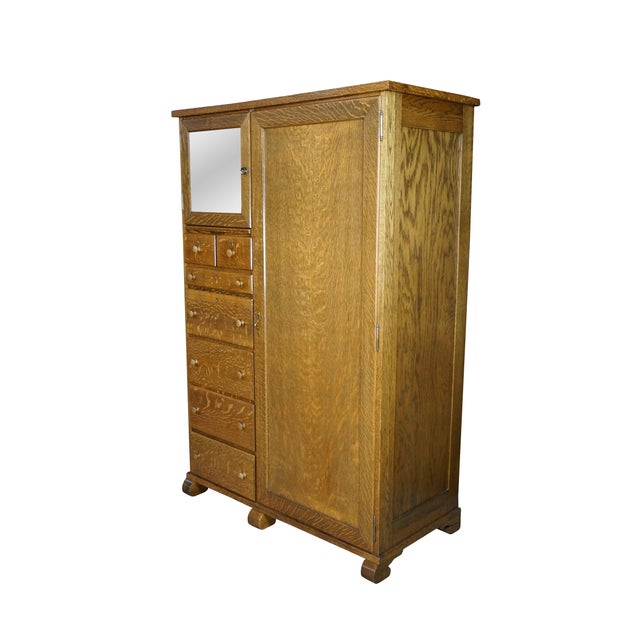 Mission Antique American Empire Style Quartersawn Oak Chifferobe Wardrobe Dresser Closet For Sale - Image 3 of 18