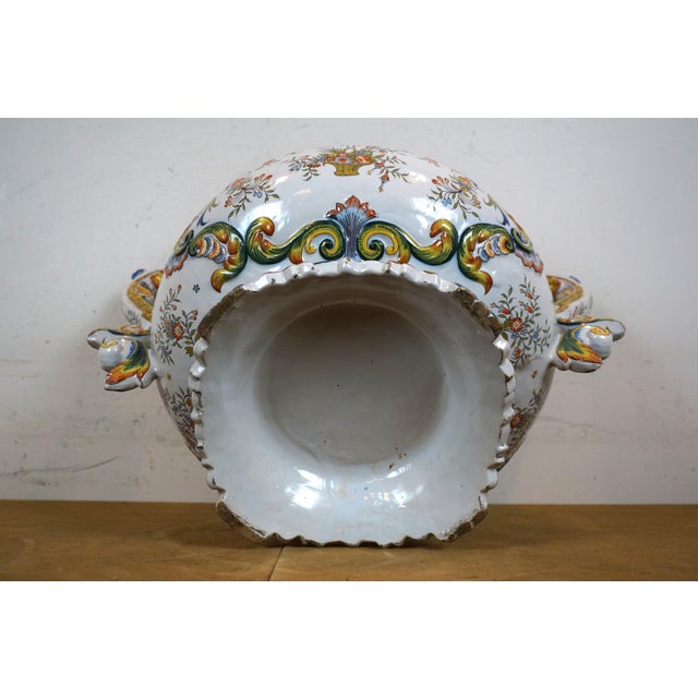 White Antique French Porcelain Faience Rouen Double Handled Urn Jardiniere Pot For Sale - Image 8 of 11
