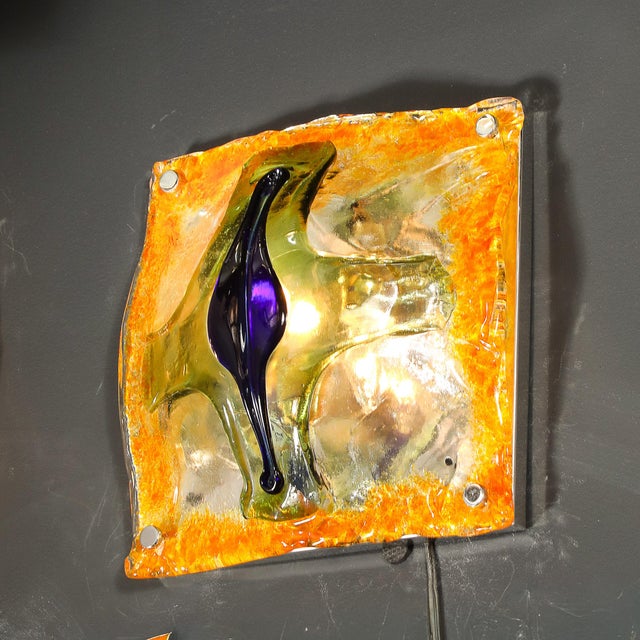 Mid-Century Hand-Blown Amber, Green & Blue Murano Glass Sconces by Mazzega For Sale - Image 15 of 18