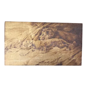 1910’s Antique Original Rustic African Wildlife Lions Burnt Wood Etching “Raiders”