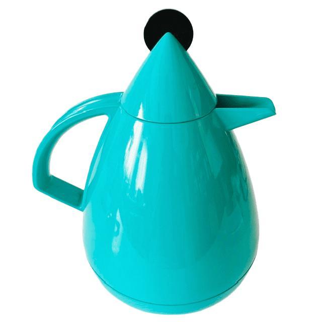 Vintage Postmodern Thermos jug in turquoise plastic by Leifheit from the 1980s. The vintage thermos coffee jug features a...