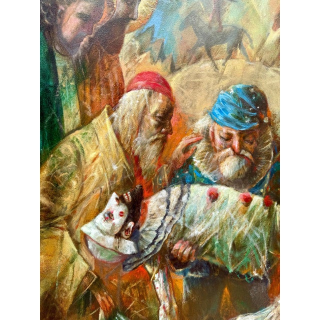 Jonah Kinigstein, Large Oil Painting Circus Scene Clowns Rediscovered NY Artist Jonah Kinigstein, c. 1950s For Sale - Image 4 of 16