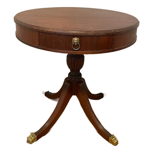 1940s Georgian Style Satin Mahogany Single-Drawer Drum Table For Sale