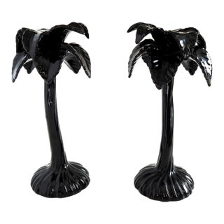 Fitz & Floyd Japan Black Palm Tree Candle Holders Mid-Century Modern Ceramic Sculptural Candlesticks - Pair For Sale