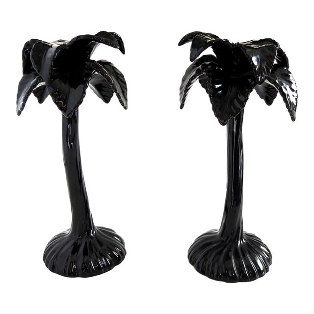 Fitz & Floyd Japan Black Palm Tree Candle Holders Mid-Century Modern Ceramic Sculptural Candlesticks - Pair For Sale