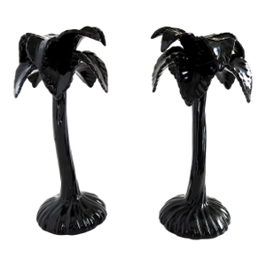 Fitz & Floyd Japan Black Palm Tree Candle Holders Mid-Century Modern Ceramic Sculptural Candlesticks - Pair