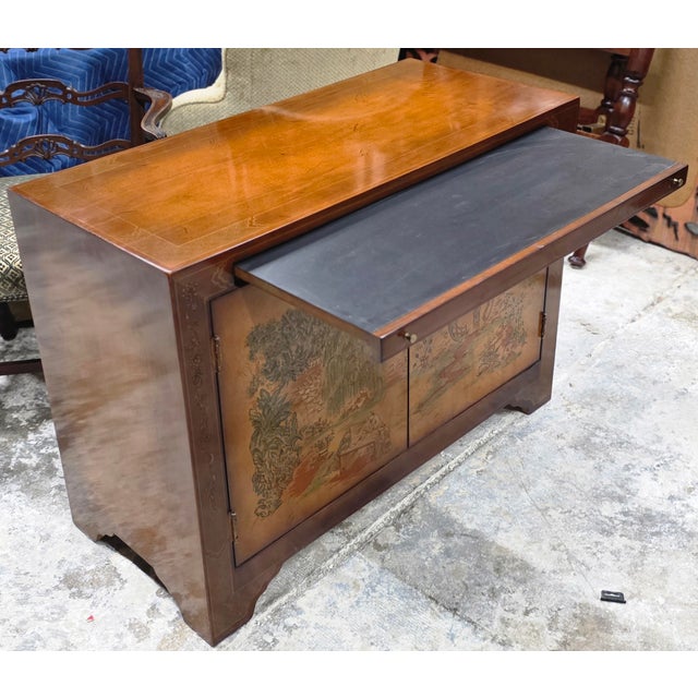 Chinoiserie Vintage Ethan Allen Hollywood Regency Chinoiserie Stereo Bar Cabinet, Hand-Painted Chinese Landscape For Sale - Image 3 of 18