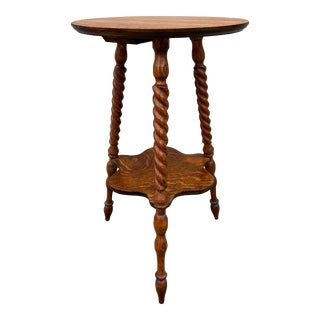 Early 20th Century Antique Quartersawn Oak Tripod Barley Twist Side Table For Sale