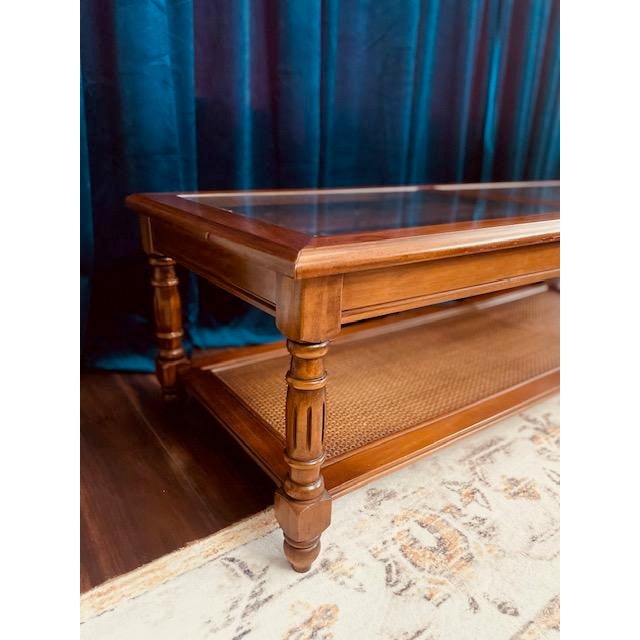 Vintage Traditional Glass Top Coffee Table With Woven Cane Shelf For Sale - Image 4 of 7