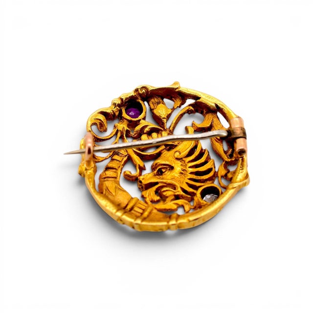 Antique Art Nouveau 18k Gold Chimera Brooch, Ruby & Diamond - Andre Kauffer For Sale - Image 4 of 8