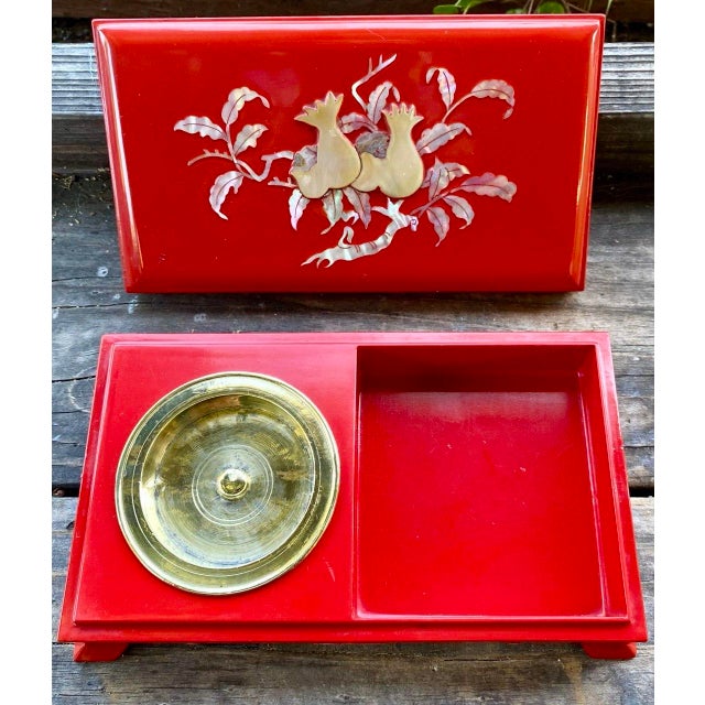 Red Vintage Japanese Red Lacquer Smoking Box With Mother-of-Pearl Pomegranate Inlay, KBS-Tv Presentation Piece, 1963 For Sale - Image 8 of 12