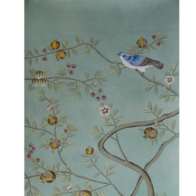 Hand Painted Soft Mint Chinoiserie Peacock Pomegranate Floral Mural 2-Panel Set For Sale - Image 6 of 6