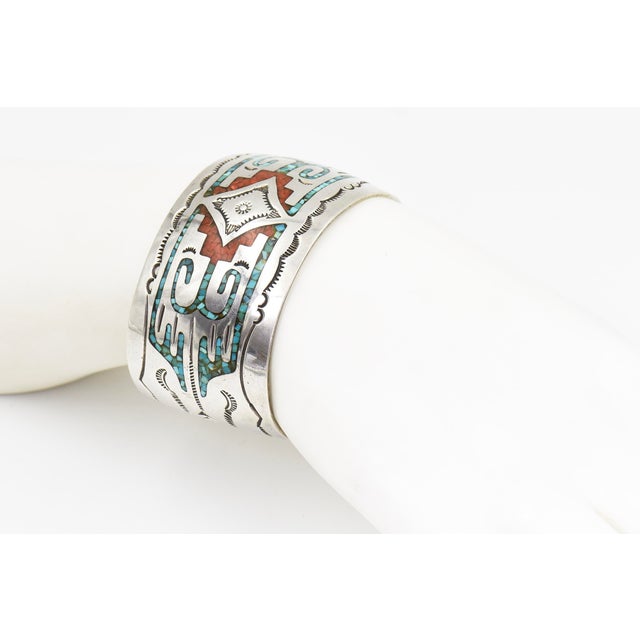 Late 20th Century Gibson Gene Navajo Sterling Silver Turquoise Inlay Cuff Bracelet For Sale - Image 9 of 9