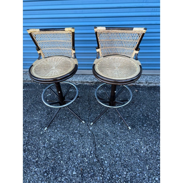 1970s MidCentury Modern Black Metal & Wicker Barstools a Pair Chairish