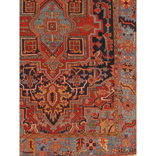 Red Antique Persian Heriz Carpet Handmade Wool Oriental Rug, Navy, Light Blue, Gold For Sale - Image 8 of 12