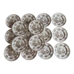 A Rare Set of 16 Brown Transfer Decorated Staffordshire Plates, “Nankin” by Dimmock, Circa 1830’s