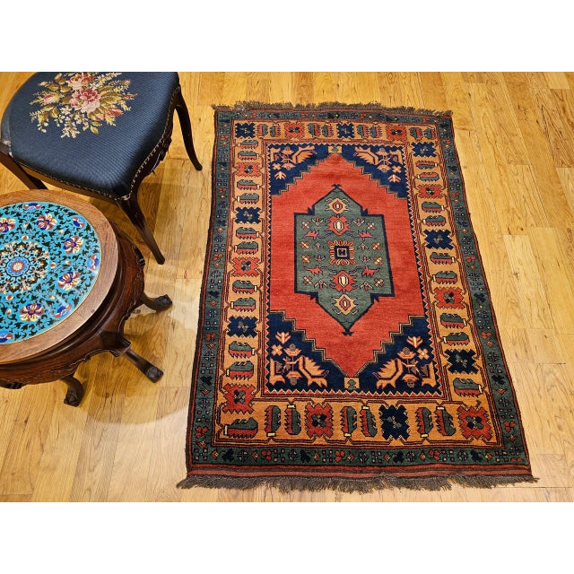 Vintage Kurdish Tribal Area Rug, Handwoven Wool, Red Medallion Design, 4' x 5' For Sale - Image 9 of 18