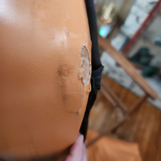 1960s MCM Tangerine Naugahyde & Walnut Wood Chair & Ottoman - Footstool, Orange Soft Upholstery & Walnut Finish - Tiny Flaws For Sale - Image 13 of 18