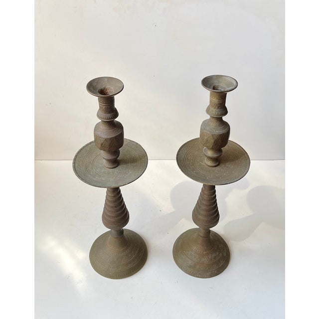 Vintage Moroccan Altar Candleholders in Engraved Brass, 1960s, Set of 2 For Sale - Image 3 of 10
