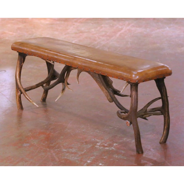 Early 20th Century Early 20th Century Austrian Black Forest Antler Lodge Bench With Leather Seat For Sale - Image 5 of 9