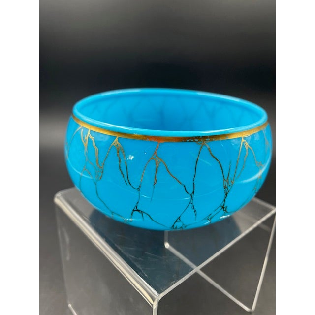 Mid 19th Century Beautiful Antique Blue Vitrified Opaline Bowl With Gilt Net Design For Sale - Image 4 of 12