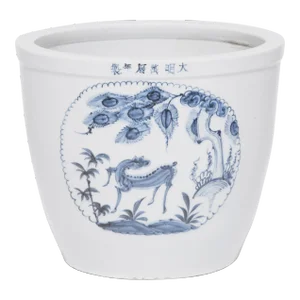 Blue and White Mythical Scroll Pot With Deer