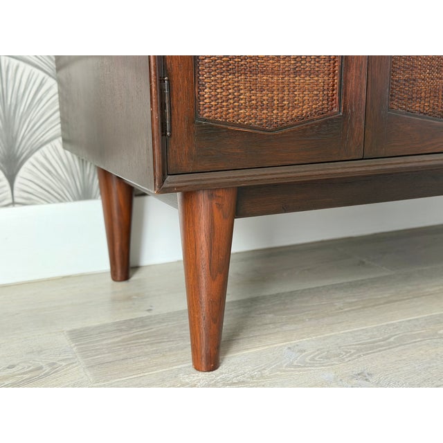 Vintage 1960s Mid-Century Modern Walnut Wood and Woven Rattan Highboy Chest Cabinet by R-Way For Sale - Image 10 of 16