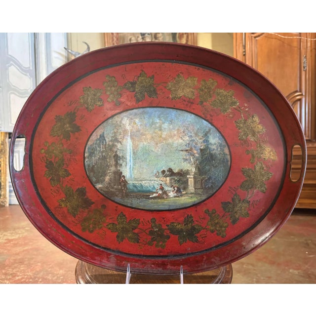 19th Century French Hand-Painted Oval Tole Tray With Romantic Landscape For Sale - Image 4 of 7