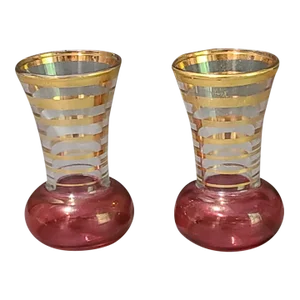 Vintage Pair Italian Bohemian Style Cranberry Glass Gold Striped Small Bud Vases