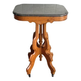 Eastlake Style Carved Wood Marble Top Side Table For Sale