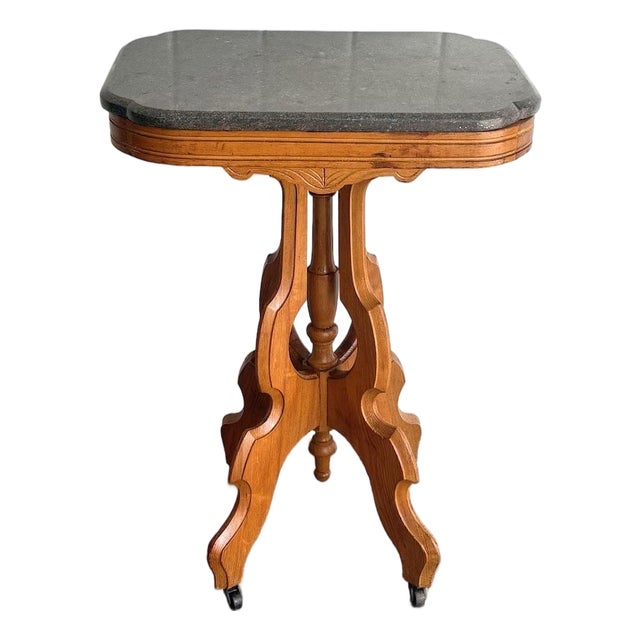 Eastlake Style Carved Wood Marble Top Side Table For Sale