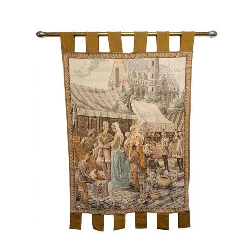 Vintage French Medieval Street Market Scene Tapestry For Sale - Image 3 of 3