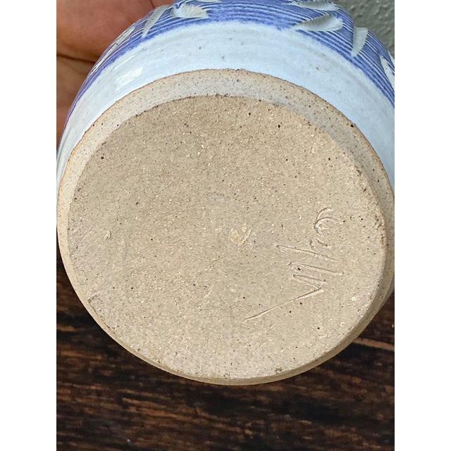 Handcrafted Blue Ceramic Leaf Motif Vase For Sale - Image 9 of 14