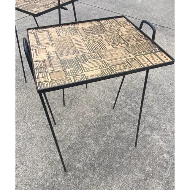 Mid Century Hairpin Table A Pair With Abstract hard plastic design tops Salterini style Some oxidation They do stack...