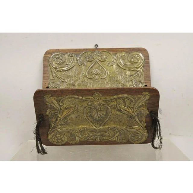 Arts & Crafts Antique Arts & Crafts Oak & Brass Embossed Folding Wall Hanging Letter Holder For Sale - Image 3 of 10