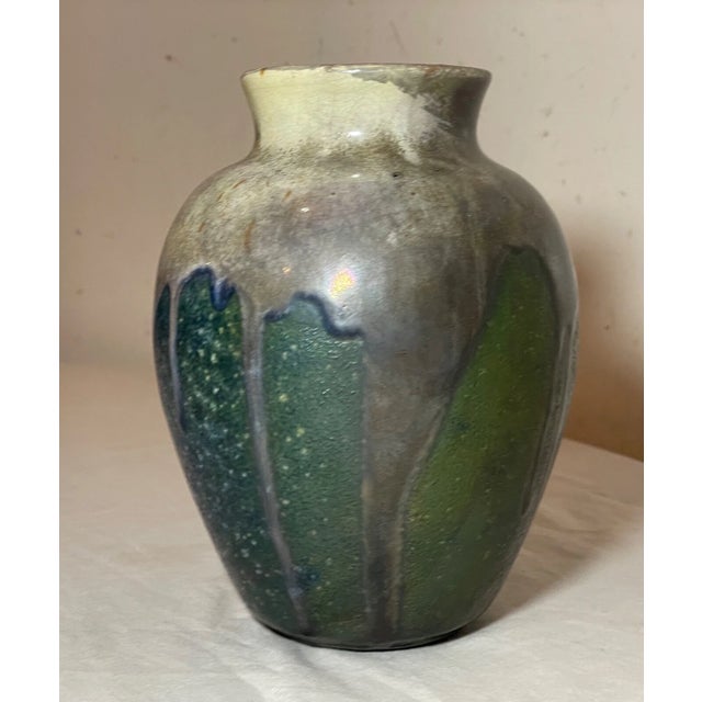American Vintage Handmade Raku Green Iridescent Drip Glaze Signed Blackware Pottery Vase For Sale - Image 3 of 15