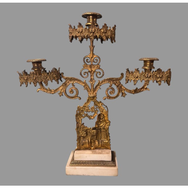 Antique Victorian Gilt Cast Metal 3 Light Figural Candelabra Girl With Animals For Sale - Image 4 of 5