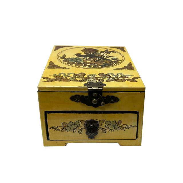 2020s Small Chinese Oriental Yellow Flower Birds Mirror Jewelry Box For Sale - Image 5 of 5