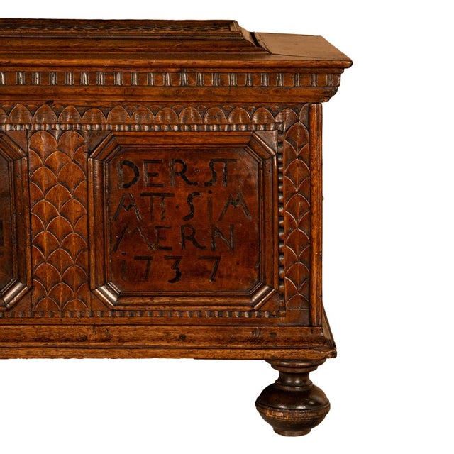 Antique Carved Walnut & Iron Coffer Chest Strong Guild Box Simmern Germany 1737 For Sale - Image 16 of 18