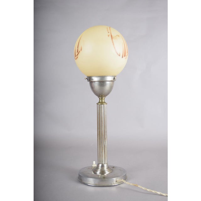Gold Vintage Art Deco Machine Age Table Lamp with Frosted Glass Globe, 1920s For Sale - Image 8 of 16