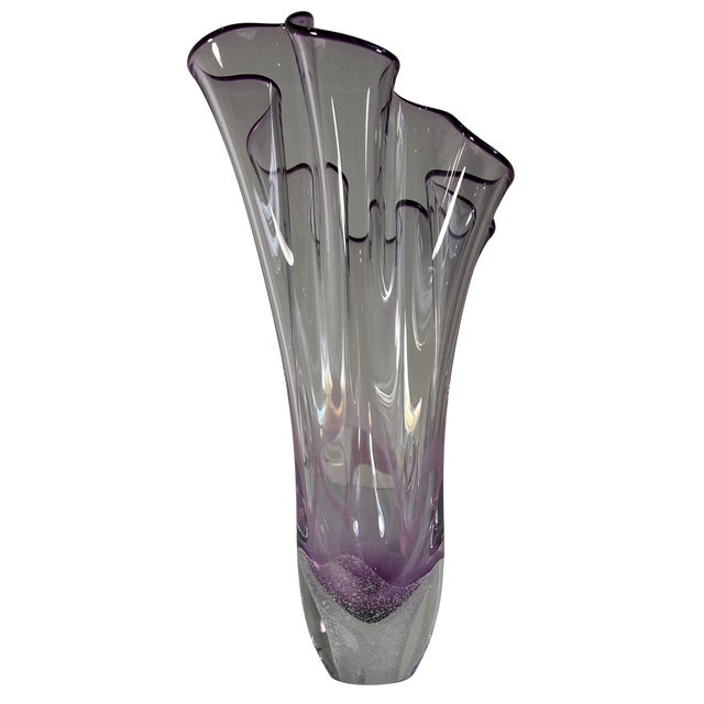 11 3/4 In. Vintage 24 % Lead Crystal Amethyst Purple Art Glass Handkerchief Ruffle Vase For Sale - Image 16 of 17