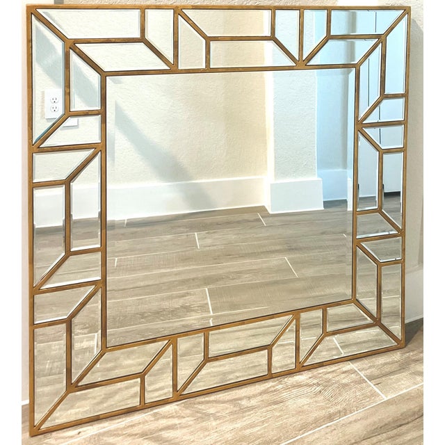 Circa 2014 Hollywood Regency Beveled & Paneled Burnished Gilt Wood Mirror - Hangs Square or Diagonally For Sale - Image 10 of 12