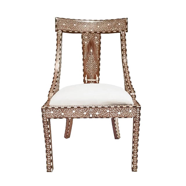 Contemporary Inlaid Teak Armless Chair From India With Removable Cushion For Sale - Image 3 of 13