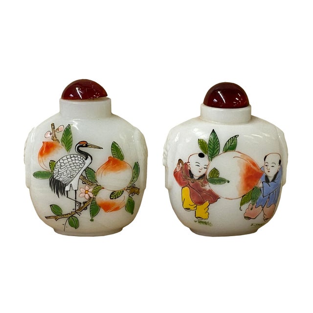 2010s 2 X White Glass Print Oriental Kid Crane Graphic Snuff Bottle For Sale - Image 5 of 5